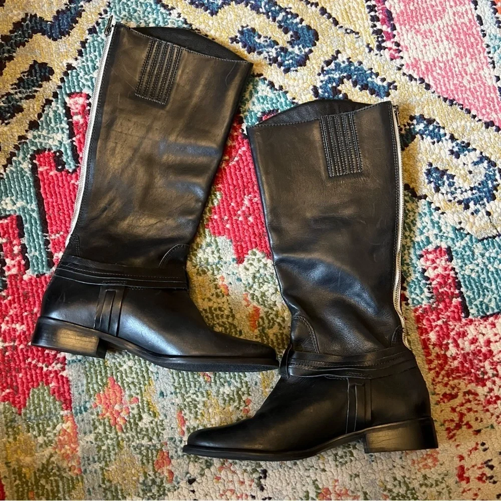 MATISSE NWOB LEATHER BUCKLE DETAILED BACK ZIP RIDING BOOTS BLACK WIDE CALF s9